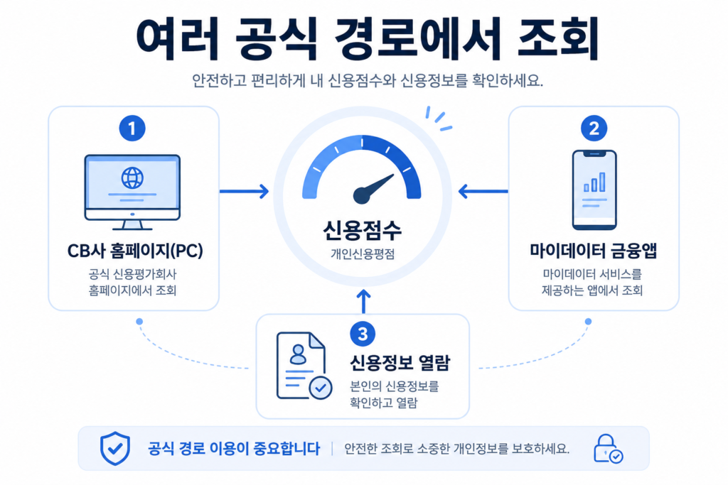 CB사 홈페이지와 토스 등 마이데이터 금융앱으로 신용점수를 조회하는 경로