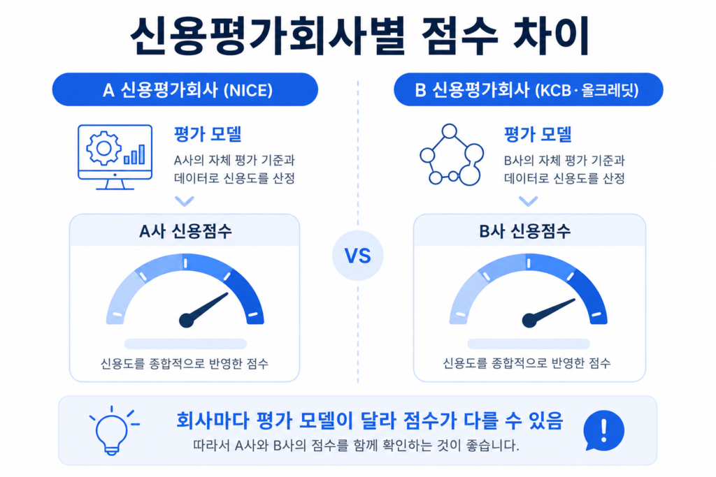 서로 다른 신용평가회사인 NICE와 KCB(올크레딧)에서 점수가 다르게 산정되는 이유